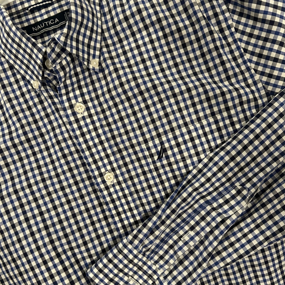 Plaid/Gingham NAUTICA Long-sleeve Button-down Shirt, Blue/White,Wrinkle-Resist,M